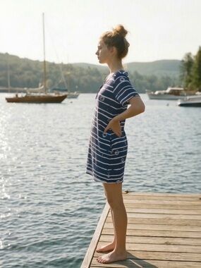 Woman Within Navy Blue White Striped Lace Up Tunic Dress Size 1X Nautical 80s